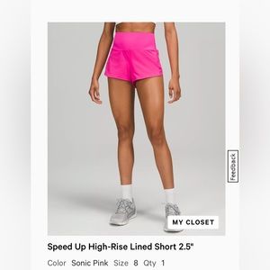 Lululemon speed up high rise short 2.5 pink